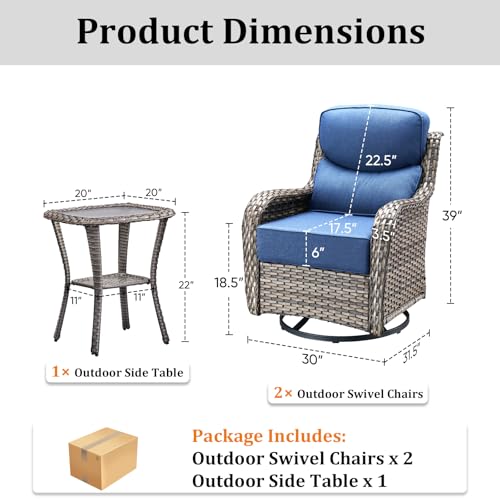 Luxury Outdoor Swivel Rocker Patio Chairs Set of 3, High Back Swivel Patio Chairs with Side Table & 6-Inch Thick Cushions, Wicker Outdoor Bistro Set for Porch, Yard, Deck, Poolside, Grey/Blue - Image 3