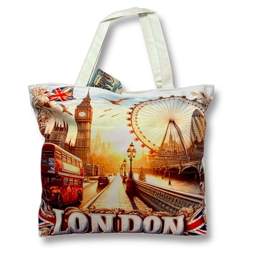 Sac souvenir de Londres – Sac fourre-tout en toile motif Union Jack – Sacs réutilisables en coton pour courses à main et épaule, 1 sac London - A,...