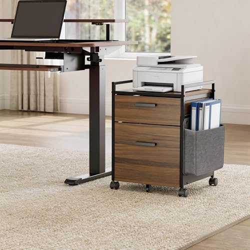 EUREKA ERGONOMIC 2-Drawer Mobile File Cabinet with Wheels, Solid Wood Rolling Storage Cabinet for Home Office, Space-Saving Under Desk Organization with Printer Stand, Walnut