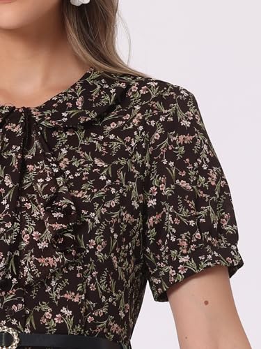 Image of Allegra K Women's Peter Pan Collar Tie Neck Short Sleeves A-Line Elegant Belted Vintage Floral Dress