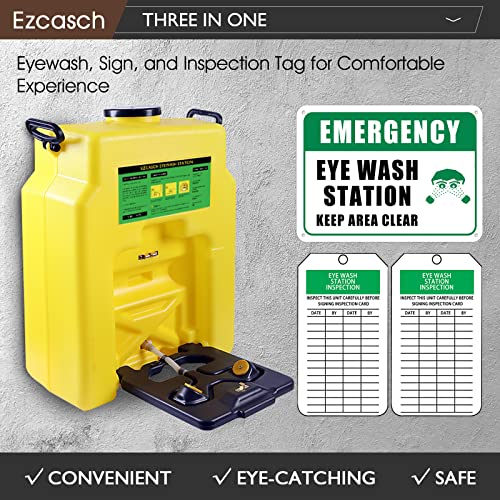 Image of Portable Eyewash Station 14-Gallon OSHA Approved with One Station Sign and Two Inspection Tags, Wall Mounted Gravity-Flow Indoors and Out, 53L Refillable Eyewash Station Heavy Duty, Yellow