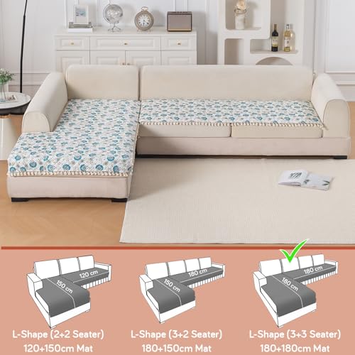 Image of HOKIPO Cerulean Bloom L Shape (3+3 Seater) Sofa Seat Mat with Tassel| Quilted Sofa Cover Mat, 'Tassel Twigs' Series (IN-986-T6*2)