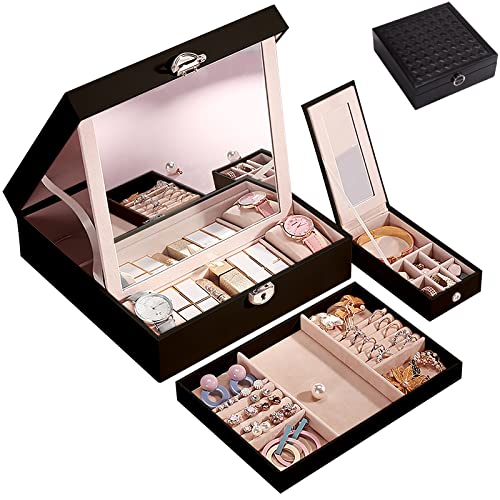 ROYALFAIR Schmuckschatulle für Damen, 2 Lagen große Leder-Schmuck-Organizer-Aufbewahrungsbox mit tragbarer kleiner Box und großem Spiegel für Ohrringe, Armbänder, Ringe, Uhren (SCHWARZ) Cover