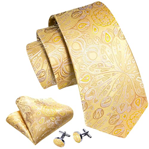 Set de corbata floral dorada para hombre en seda sintética