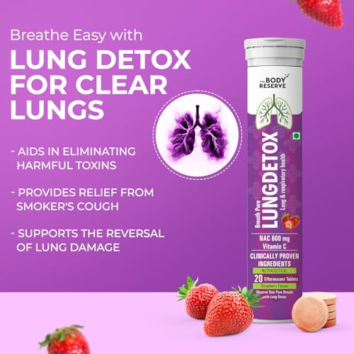 Image of The Body Reserve Lung Detox 60 Effervescent Tablets With N-Acetylcysteine 600mg and Vitamin C | Cleaner Lungs Detoxification and Immune Defence Strawberry Flavour (Pack Of 3)