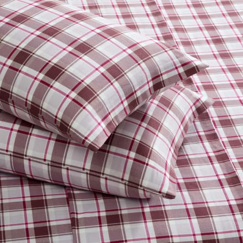 Image of Eddie Bauer - Full Flannel Sheet Set, Soft Brushed Cotton Bedding with Matching Pillowcases, Fully Elastic Fitted Sheet, Deep Pocket Bed Set, Breathable All-Season Comfort (Rugged Plaid Purple)