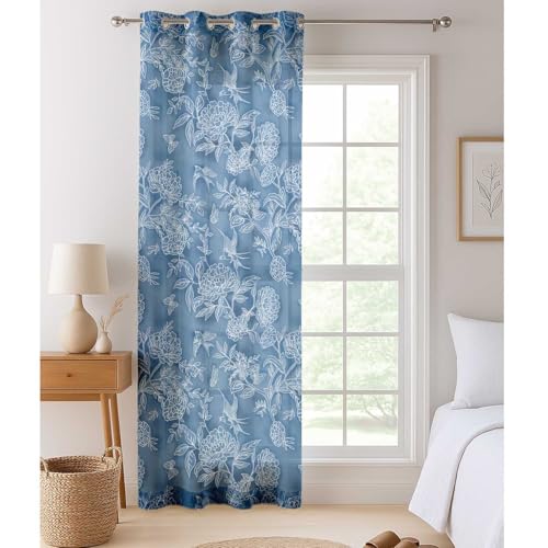 Vargottam Blue Floral and Bird Print Sheer Georgette Curtains for Windows & Small Doors - Set of 2 Panels, 72" Long, Grommet Top, Printed Light Filtering Drapes for Living Room or Study