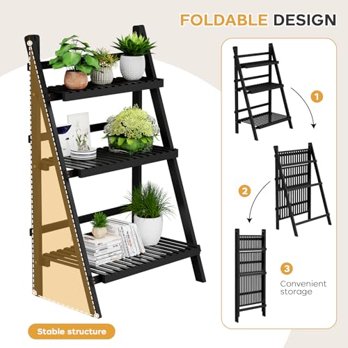 Image of oakvivo 39.4 inch Foldable Plant Shelf Ladder Shelf, 3 Tier Bamboo Ladder Flower Pot Display Shelf, Freestanding Ladder Bookshelf for Garden, Balcony, Yard, Living Room, 23.6 inch W x 15 inch D x 39.4 inch H, Black