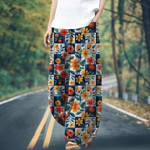 Harem Pants Women Floral Printed Wide Leg Casual Cotton Linen High Waist Summer Beach Trousers with Pockets - Image 2