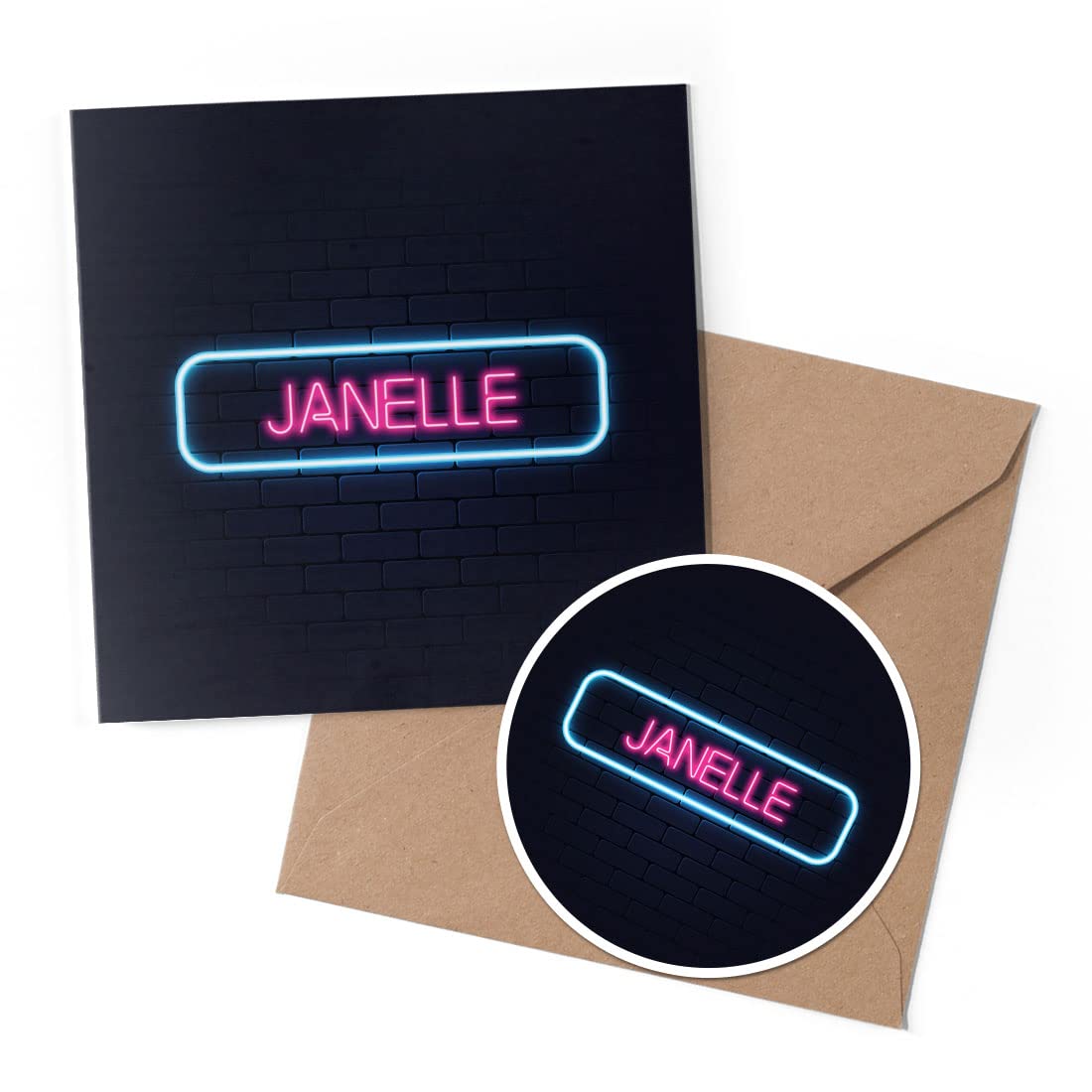 1 x Greeting Card & 10 cm Round Sticker Set - Neon Sign Design Janelle Name - Birthday Thank You Friend Lover Fan Mum Dad Kids #353062