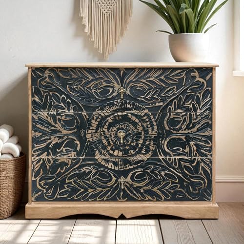Image of The Attic Jodhpur Drawer Chest, Kitchen and Living Room Storage, Solid Wood, Natural + Black Matte Finish
