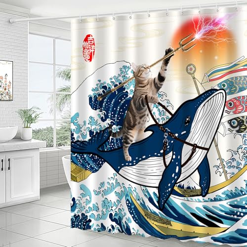 Image of Funny Cat Riding Whale Shower Curtain Set, Japanese Anime Sunset Ocean Waves Home Bathroom Decor, Polyester Cloth Fabric Bath Curtain with 12 Hooks 72 inch W x 72 inch L
