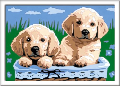 Ravensburger CreArt 27839 - Süße Hundewelpen - Malen nach Zahlen Hunde für Kinder ab 7 Jahre, Malset mit Rahmen, Pinsel und Acrylfarben, Geschenk für Mädchen und Jungen