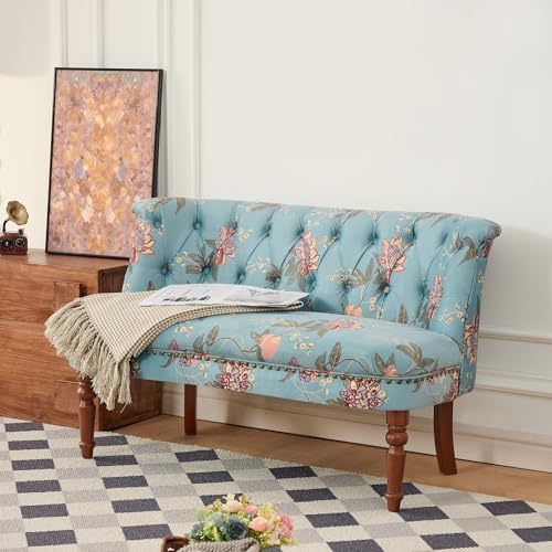 47.25 Victorian Settee Loveseat Small Armless Modern Chesterfield Sofa with Solid Wood Legs Upholstered Love Seat for Dining Banquette Seating Living Room Bedroom Restaurant Booth (Floral Blue)