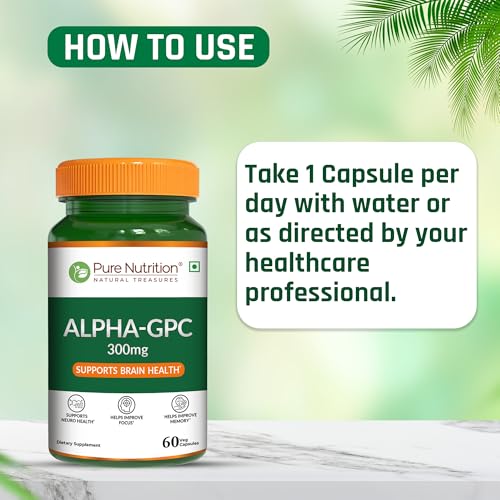 Image of Pure Nutrition Alpha GPC 300mg with L- Glycerophosphorylcholine Cognitive Function | Powerful Alpha GPC Supplement Helps to Improve Focus, Mental Clarity & Memory | Brain Health Supplement for Men & Women - 60 Veg Capsules