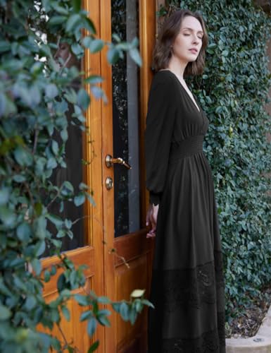 Image of Olaesa Long Sleeve Boho Maxi Dress for Women Lace Wedding Guest Dress | Spring Fall Bohemian Dress, Long Flowy Family Photo Dress with Pockets, V Neck Long Western Vacation Outfits