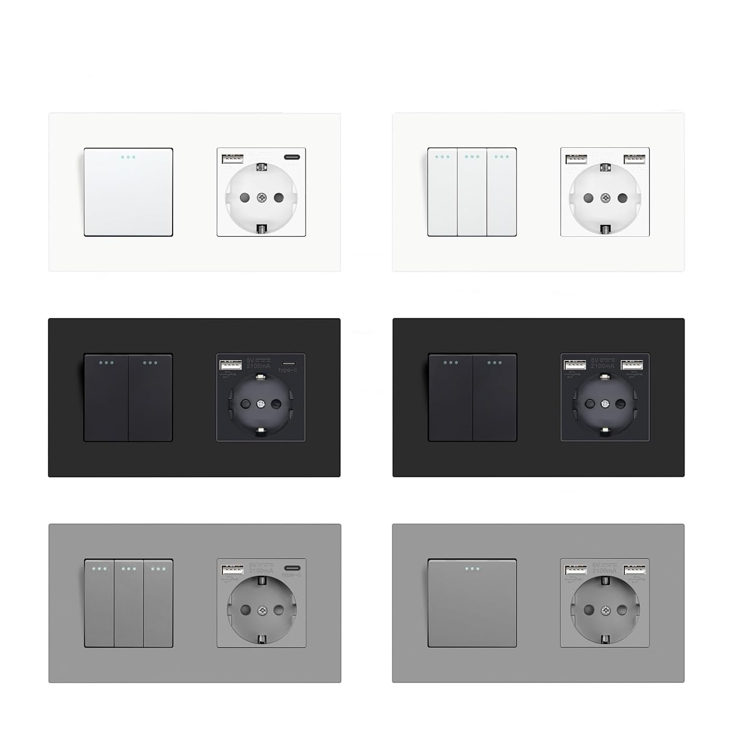 Mechanical Button Switches with Power Socket 1/2/3Gang 1Way Plastic Panel Electrical Outlets USB Type-C Wall Socket 16A(3Gang Type-C Black)