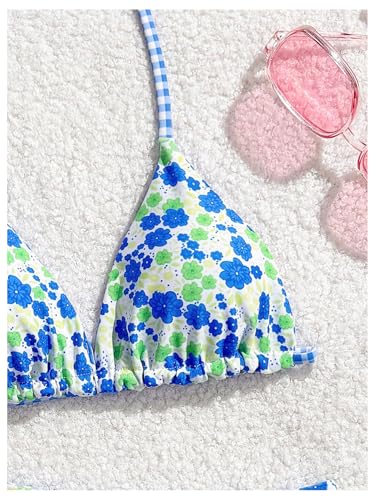 Image of RoseSeek Girl's 2 Piece Swimsuits Floral Gingham Halter Triangle Wireless Bikini Bathing Suit