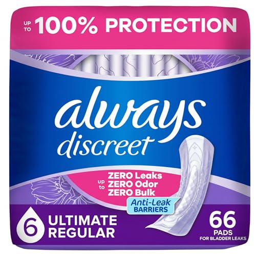 Always Discreet Adult Incontinence Pads for Women Drier 6 Drop Regular Length Extra Heavy Absorbency Pads for Bladder Control Management Bladder Leaks & Postpartum Pads 66ct