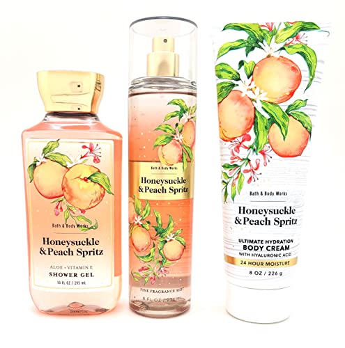 Bath & Body Works – Honeysuckle & Peach Spritz - 3 pc Bundle - Fine Fragrance Mist, Ultimate Hydration Body Cream and Shower Gel - Spring 2022