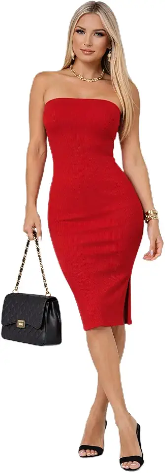Vestido Midi Tomara Que Caia Canelado com Fenda Lateral, Vermelho, Estilo Tubinho Justo