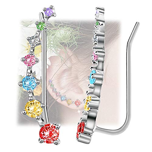 7 Crystals Ear Cuffs Hoop Climber S925 Sterling Silver Earrings Hypoallergenic Earring (Colorful)
