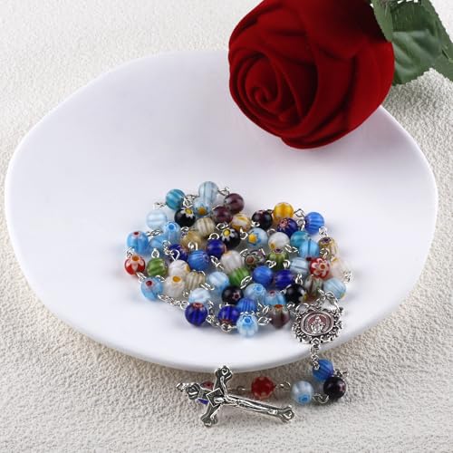 Multicolor Murano Glass Beads Catholic Rosary Necklace with Virgin Mary PU Leather Bag3