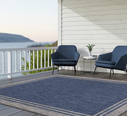 Lena Rug Washable Indoor Outdoor Rug Weather Resistant Indoor Outdoor Carpet For Porch Deck Balcony Backyard Patio Rug 9X12 Bordered Azure Blue/Silver Grey #TOP1