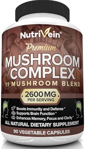 Nutrivein Mushroom Supplement - 2600mg - 90 Capsules - 11 Organic Mushrooms - Lions Mane, Cordyceps, Chaga, Reishi, Turkey Tail, Maitake, Shiitake, Agaricus, White Button, Oyster - Nootropic Complex