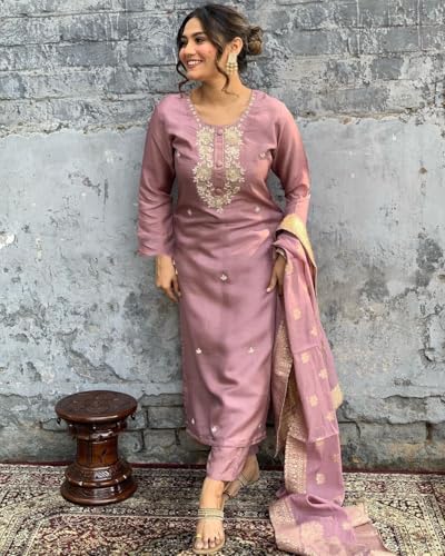 Image of Shiv Textiles Women's Chanderi Silk Embroidered Kurta Pant Dupatta Set(JDA-Vanni-Onion-M)