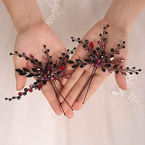 Beryuan Bridal Hair Pins Earring Set Baroque Black Red Rhinestone Wedding Hair Accessories For Bride #TOP3