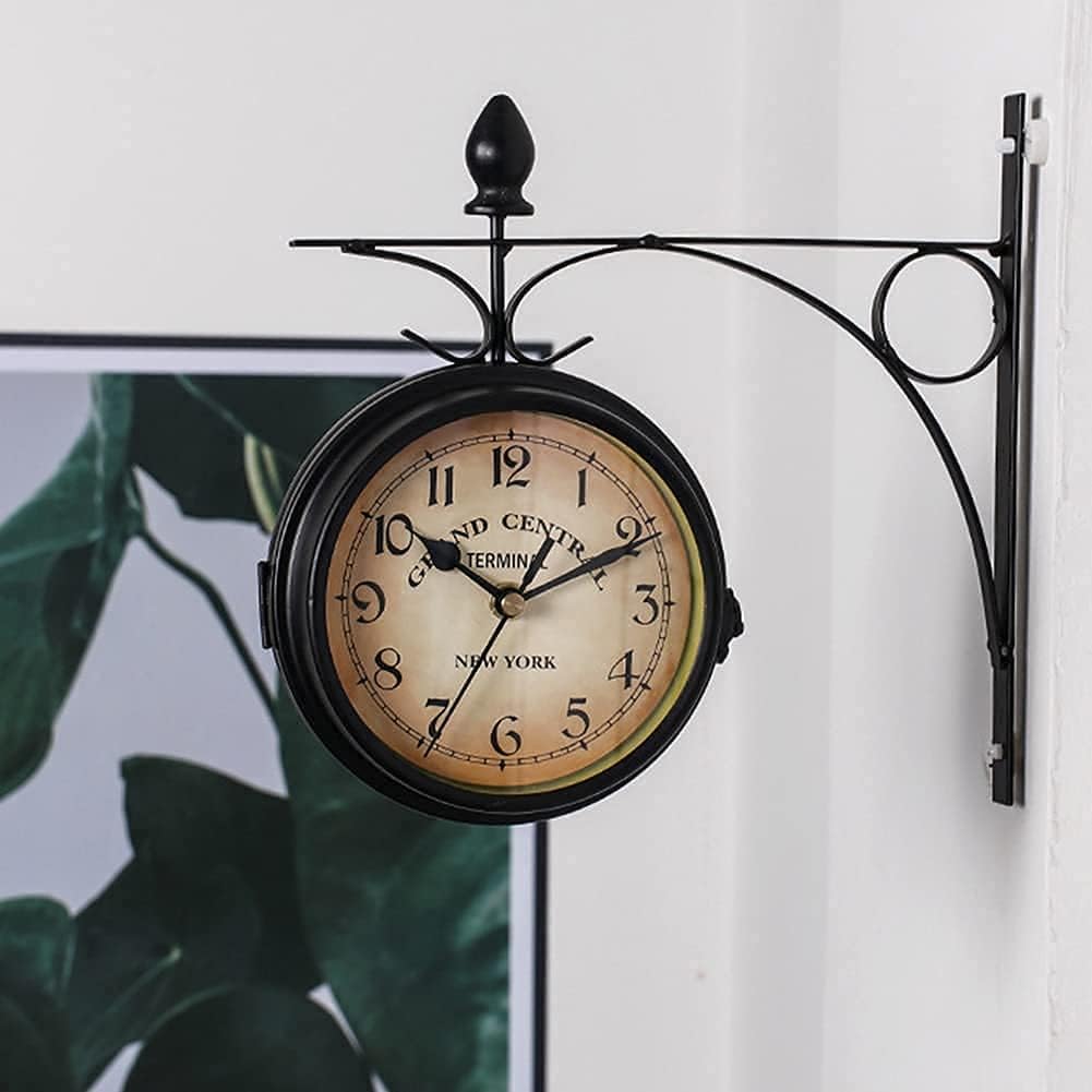 Wall Clock Art Clock Outdoor Waterproof Garden Clock, Wall Mounted Double Sided Garden Clock with Bracket 9 Inch European Retro Style Wrought Iron Wall Clock Wall Decor Clock