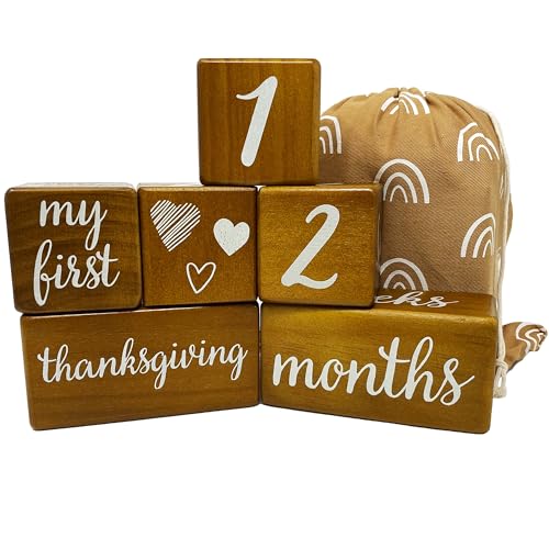 Image of Pondering Pine Baby Milestone Blocks - Natural Brown Stain Pine Wood with Weeks Months Years Grade and Holidays, Newborn Weekly Monthly First Year Picture Props, 6 Block Milestones Age Set with Bag