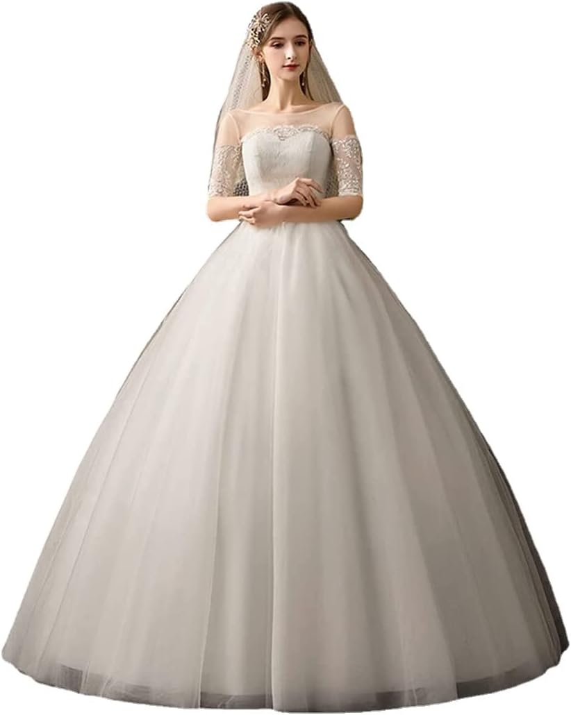 Women's Bridal Wedding Dresses, Lace Middle Sleeve Evening Dress Prom Gown
