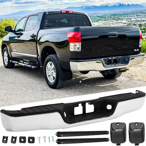 Rear Steel Step Bumper Assembly for 2007-2013 Toyota Tundra 2nd Gen Pre-Facelift without Park Sensor Holes Chrome Back Bumper Replacement for TO1103117,with Pads Brackets and License Plate Lights