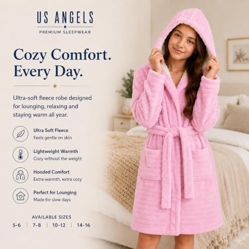 Image of US Angels Plush Robe For Girls- Plush Winter PJ Robe With Pockets, Hoodie & Belt- Ultra-Soft Bathrobe