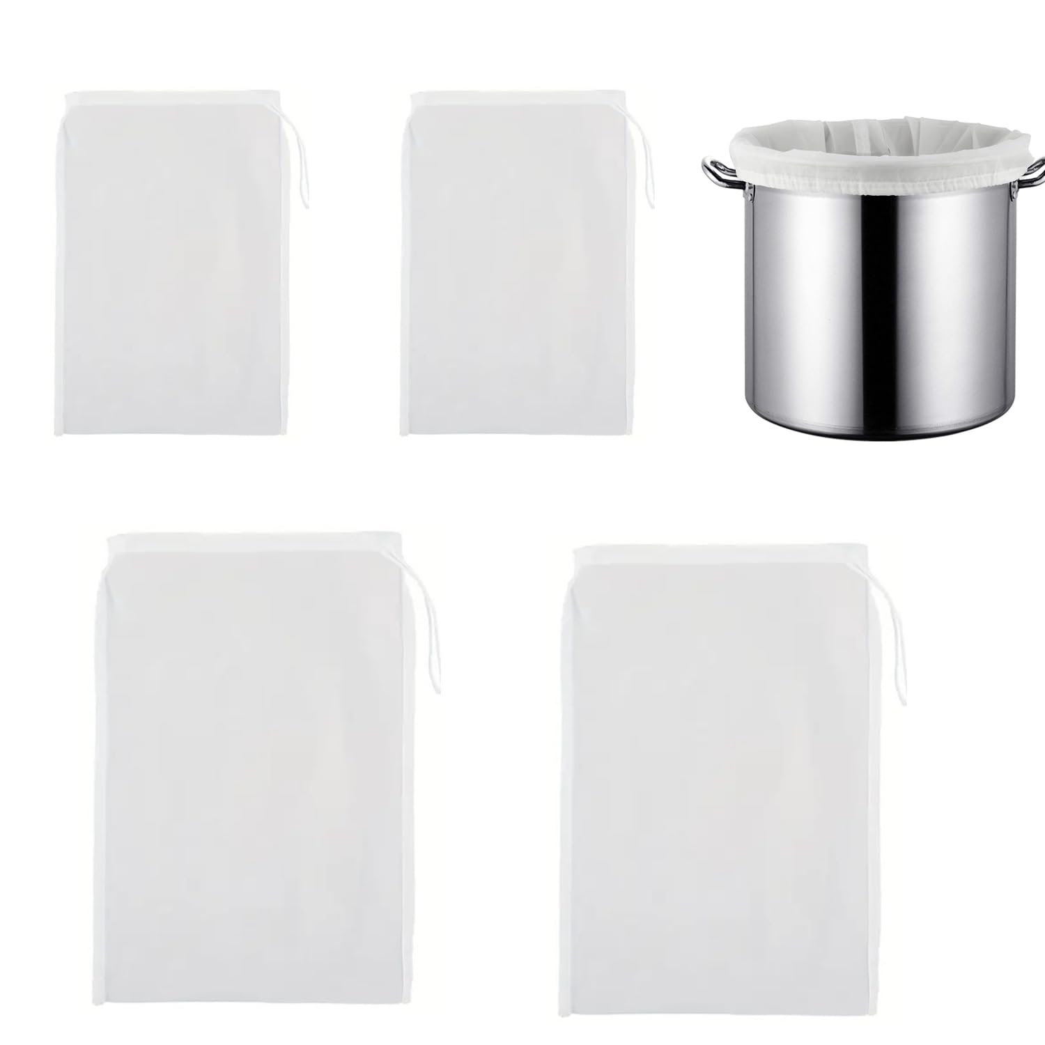 COAFTUG 4pcs Nylon Fine Mesh Bag 200 Micron Filter Bag 30cm*45cm/45 * 60cm Large Reusable Brew Bag Straining Bag with Drawstring Juice Press Bag Strainer Bag for Wine Homebrew Beer Cheesecloth Jelly
