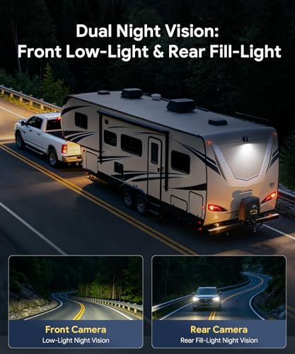Image of RV Backup Camera System with Front & Rear View Camera, 7'' Split Screen for RV Truck Trailer Camper, 1080P HD DVR Loop Recording, Plug & Play, Night Vision, IP69 Waterproof, Wide Angle, 32GB SD Card