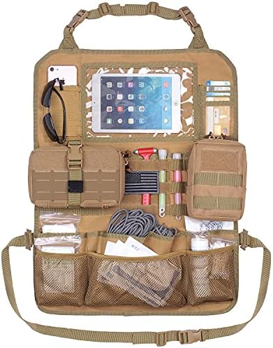 Tactical Car Seat Back Organizer Upgraded Tactical Molle Seatback Cover Protector Universal Fit Vehicles Truck MPV Pickup (Khaki)