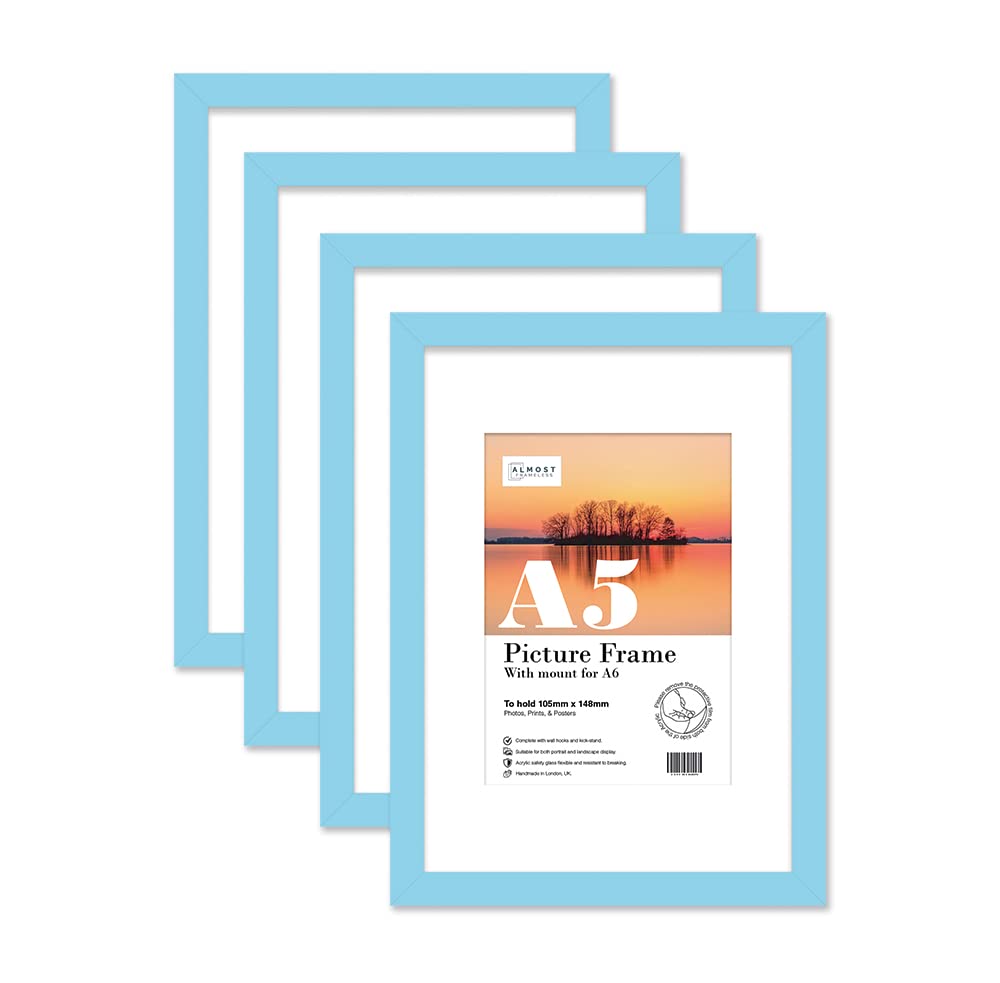Almost Frameless A5 Light Blue Picture Frame Set of 4, Display A6 Pictures with Mount or A5 Without Mount Gallery Wall, Poster, Photo, Artwork, or Print, Light Blue — image 1