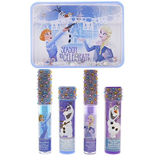 Townley Girl Frozen Sparkly Lip Set For Girls, 4 pack with Decorative Tin