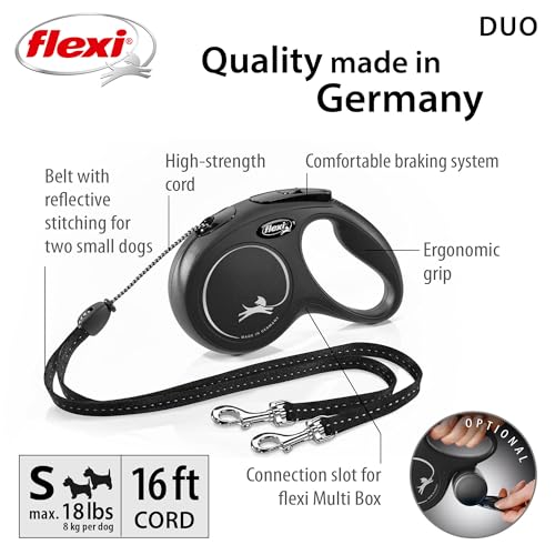 Flexi New Classic Retractable Cord Dog Leash Duo for 2 Small Dogs 16-Foot Black