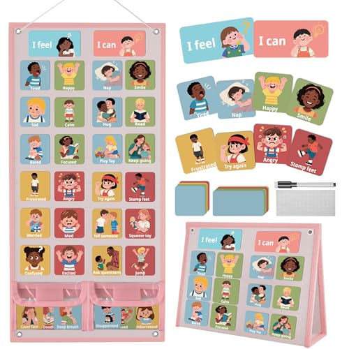 Yoink Feelings Pocket Chart for Kids, Emotions Chart for Calm Down Corner Supplies, Social Emotional Learning Activities Autism Classroom Must Haves, Pink