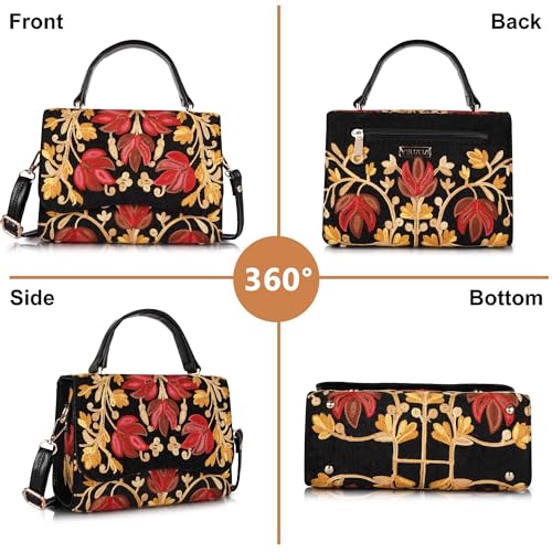 Image of Floral Embroidered Crossbody Sling Bag with Top Handle, Vintage Style Canvas for Women