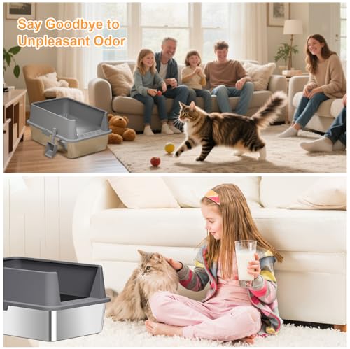 Image of Stainless Steel Cat Litter Box with Lid XL Metal Extra Large Litter Box with High Sides, Big Cat Litter Pan Include Scoop & Mat Easy to Clean, Non Stick, No Smell, Anti-Urine Leakage (Dark Gray)