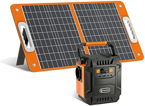 FlashFish Tragbare Powerstation 172.8Wh mit 60W Solarpanel | 200W Solar Generator mit AC/DC/USB-Anschlüssen & LED-Beleuchtung, Notstromversorgung für Camping, Unterwegs & Stromausf