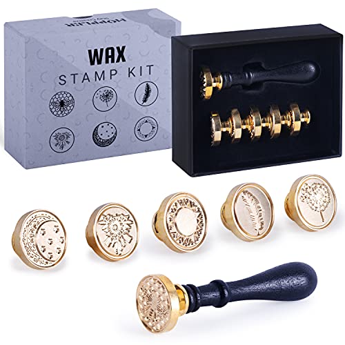HOPPLER Wax Seal Stamp Set 6 Pcs Sealing Wax Stamp Kit with 6 Copper Head 1 Wooden Handle Perfect for Vintage Letters, Invitations, Cards, and Envelopes. Works with All Wax Seal Beads.