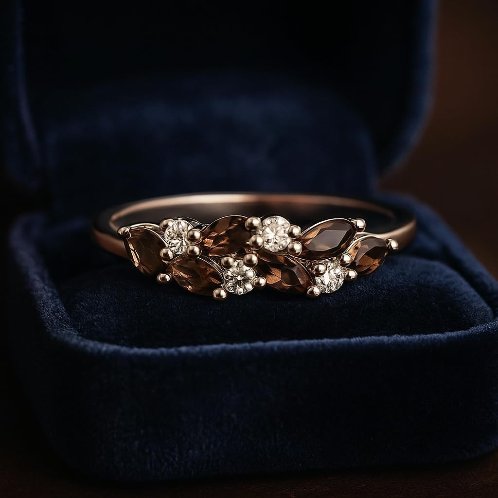 Marquise Cut Smoky Quartz and Diamond Wedding Band for Women in 14K Yellow Gold Half Eternity Stackable Promise Ring Matching Anniversary Jewelry Gift