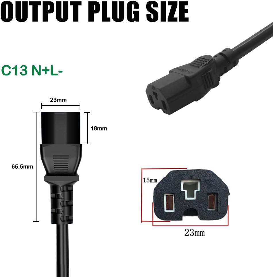 Diagram showing the C13 N+L- output plug size