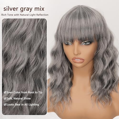 Image of Nnzes Short Wavy Bob Wig with Bangs for Women Shoulder Length Curly Soft Silver Gray Mix Synthetic Heat-Resistant Fiber Hair for Daily & Party Use